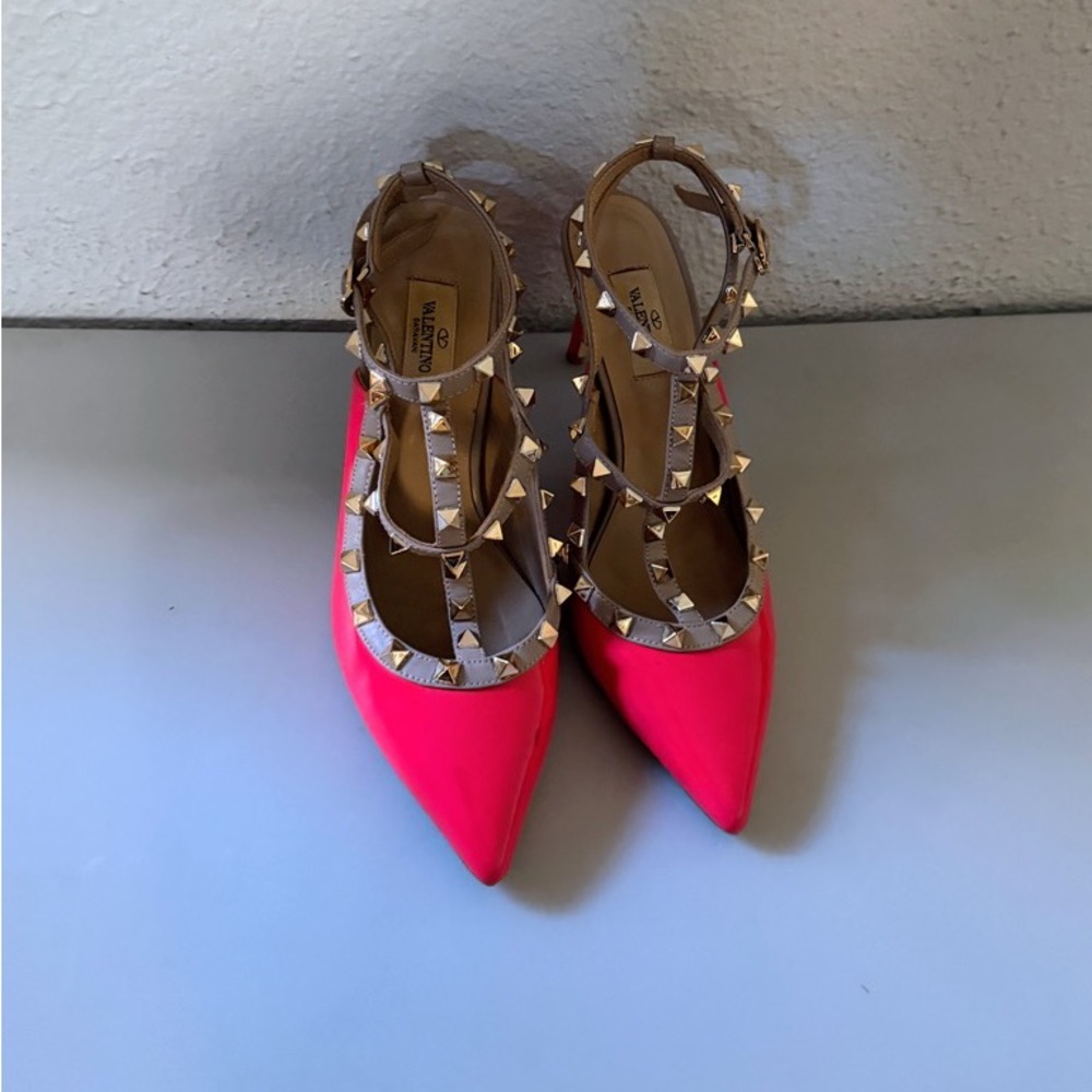 Valentino Hot Pink Patent Leather Rockstud Ankle Strap Pointed Toe Sandals Heels - Picture 13 of 16